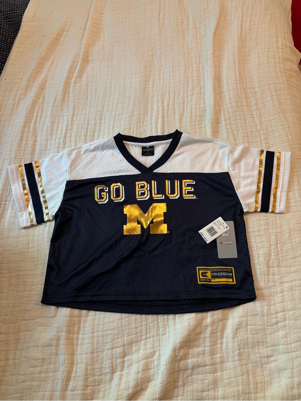 Woman’s Posh Jersey, White & Gold 'Go Blue' Football Tee